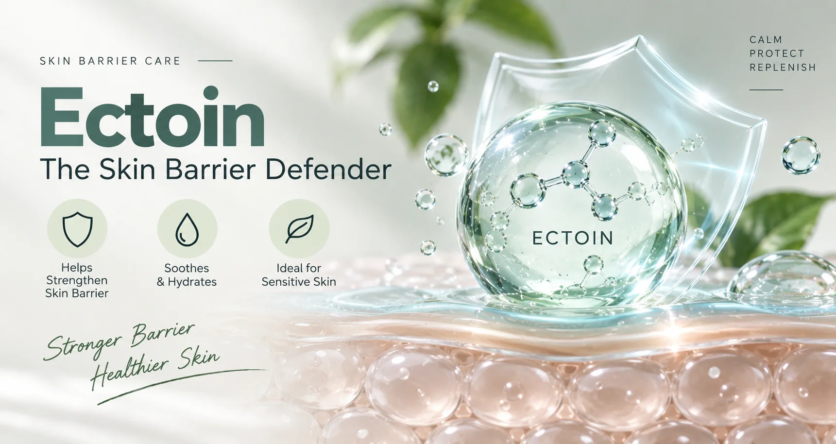 Ectoin molecule displayed in a protective shield with text highlighting its benefits for skin barrier care, hydration, and soothing sensitive skin.